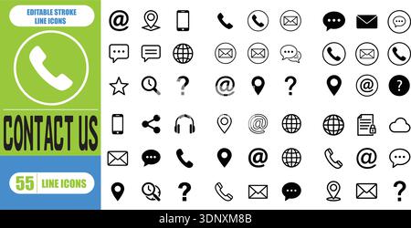 Symbolgruppe Kontakt. E-Mail, Telefon, Adresse, Kundenservice, Anruf, Website und mehr. Vektorsammlung von ausgefüllten Symbolen. Stock Vektor