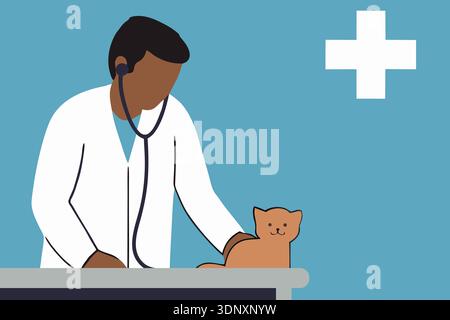 Ein Tierarzt afrikanischer Abstammung kontrolliert sanft die Gesundheit einer Katze in einer hellen Klinik. Die Katze erscheint während eines auf dem Untersuchungstisch ruhig und entspannt Stockfoto