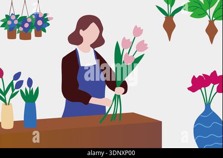 Eine Frau mit braunem Haar in einer Schürze arrangiert sorgfältig rosa Tulpen in einem Blumenladen. Das Geschäft bietet mehrere farbenfrohe Blumendekorationen und Grün Stockfoto