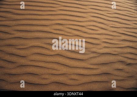 Ein fesselndes Bild von gewellten Sandmustern auf einer sonnendurchfluteten Düne auf Gran Canaria. Die Textur erzeugt ein faszinierendes Bild, das die natürliche Schönheit zum Ausdruck bringt Stockfoto