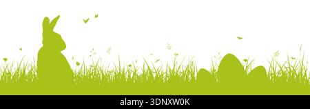 Ostergrenze mit Häschen und Eiern, versteckt auf dem Gras. Süßes Ostern Silhouette Vektor Banner Stock Vektor