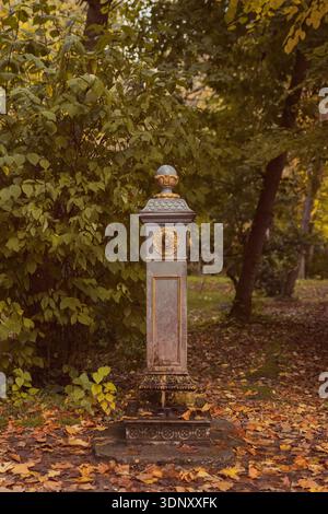Nahaufnahme eines kunstvollen antiken Eisengründes im Herbst, umgeben von Bäumen mit hellgelben Blättern, bedeckt von einem Teppich aus trockenen Blättern. Ideal für sie Stockfoto