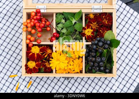 Eine schöne Auswahl an frischen Minzblättern, lebhaften Ringelblumen, Ringelblumen, roten Viburnum und schwarzen vogelbeeren, kunstvoll in einem W angeordnet Stockfoto