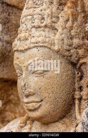 Eine Nahaufnahme des ruhigen Gesichts eines Naga Raja (Kobra-König), der auf einen alten Wachstein (Muragala) im Abhayagiri-Kloster in Anuradhapura gemeißelt wurde Stockfoto