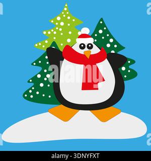 Pinguin-weihnachtsbaum. Verschneite Urlaubsszene. Niedliche Pinguinfigur. Vektorabbildung. EPS 10. Stock Vektor