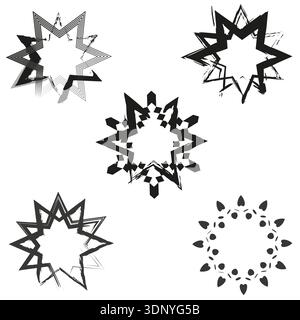 Schwarze Sternumrisse. Geometrische Vektorsymbole. Einfache Sternenformen. Abstrakte Elemente, auf die verwiesen wird. EPS 10. Stock Vektor