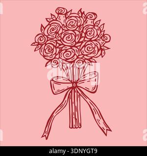 Eine Vektor-Illustration eines roten Blumenstraußes von Rosen gebunden mit einer Schleife auf einem weichen rosa Hintergrund Stock Vektor