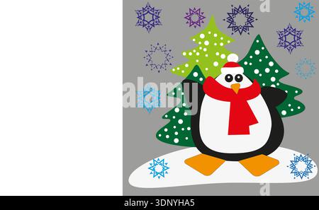 Weihnachtspinguin Illustration. Winterferienszene. Festlicher Vektor-Charakter. Verschneite Waldhintergründe Stock Vektor