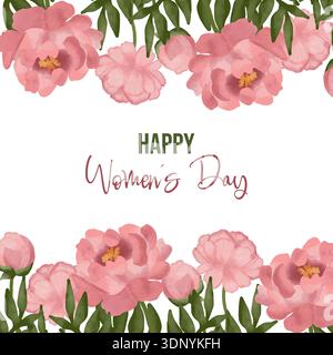 Handgemalte Aquarell-Pfingstrosen-Illustration für Frauentag- und Frühlingsfeiern. Zarte florale Komposition mit blühendem pe Stockfoto