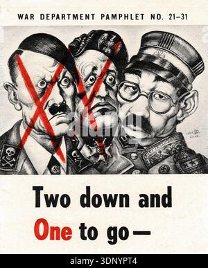 Diese kraftvolle Propagandaschrift aus dem Jahr 1945, illustriert von Arthur Szyk, zeigt die besiegten Figuren Adolf Hitlers und Benito Mussolinis mit roten X durch ihre Gesichter, die ihren Untergang symbolisieren. Neben ihnen steht noch ungekreuzt Hideki Tojo, der den letzten Feind repräsentiert, der besiegt werden soll, mit der Überschrift „zwei nach unten und einer nach unten –“. Die Illustration zeigt den Geist der Auflösung während des Krieges und das Ziel der Alliierten, den Gesamtsieg im Zweiten Weltkrieg zu erreichen Stockfoto