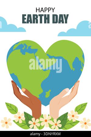 Poster zum Erdtag mit einem herzförmigen Globus, Blumen, Händen und einer Wolke. Happy Earth Day Banner. Flache Abbildung. Stock Vektor