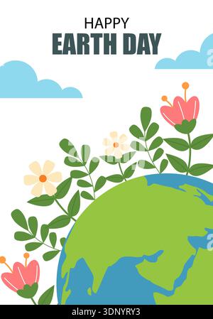 Poster zum Welttag mit Globus, Blumen und Wolken. Happy Earth Day Banner. Flache Abbildung. Stock Vektor