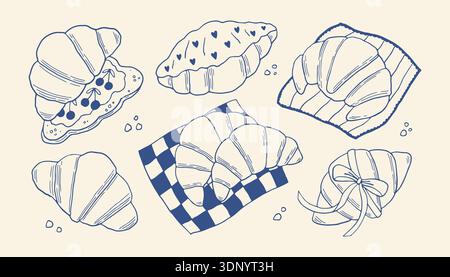 Hand gezeichneter Croissant-Vektor im blauen Linienart-Stil. Minimale mediterrane Bäckerei Illustrationen perfekt für Café-Menüs, Verpackungen, Muster Stock Vektor