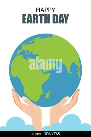 Poster zum Welttag mit Globus, Blumen und Händen. Happy Earth Day Banner. Flache Abbildung. Stock Vektor