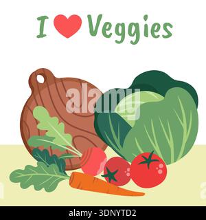 Einfaches Poster mit frischem Bio-Gemüse für einen Bauernmarkt. Salatset in minimalistischem, handgezeichnetem, flachem Stil. Konzept für gesunde Ernährung. Stock Vektor