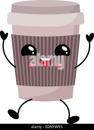 Niedliche Kaffeetasse aus Papier, Charakter mit Kawaii-Emotionen, Lachen und Springen vor Freude. Stock Vektor