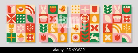 Pastellfarbenes, geometrisches Osterbanner, das Frauen feiert. Gitter aus bunten Fliesen mit Tulpen, Eiern, Häschen und stilisierten Blättern in warmen Korallen, Senf, Grün, Stock Vektor