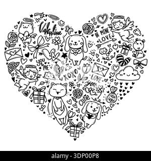 Set von niedlichen Zeichentrickfilm von Valentinstag mit Katze, Hund, Herz, Cupid, Rose, Liebesbrief, Haustier, Textumriss isoliert auf weißem Hintergrund in Herzform Stock Vektor