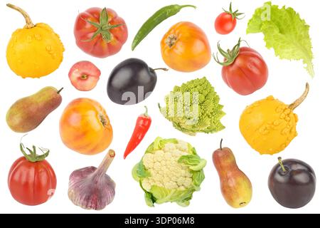 Stellen Sie helles appetitliches Obst und Gemüse auf weißem Hintergrund. Stockfoto