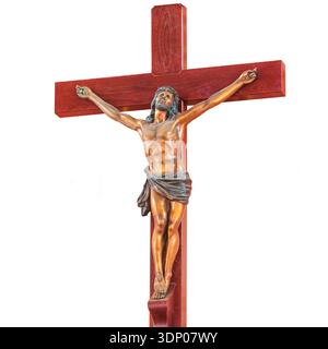 Jesus Christus auf dem Kreuz Holz isoliert auf weißem Hintergrund. Stockfoto