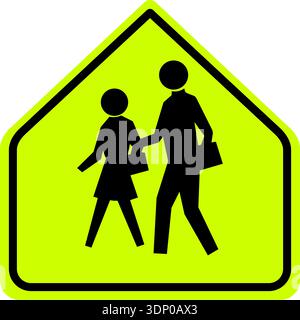 Vektorgrafik einer USA School Zone vor dem mutcd Highway Schild. Es besteht aus einem Kind und einem Erwachsenen, der die Straße in grüner Pfeilform überquert Stock Vektor