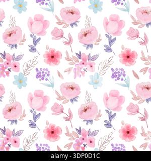 Rosa Blumen nahtloses Muster in schlichtem Stil mit rosa Blüten, kleinen blauen Blüten, lila Beeren. Für Stoffe, Tapeten, Geschenkverpackungen, Verpackungen, Sta Stockfoto