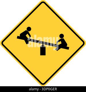 Vektorgrafik eines us Playground Ahead Highway-Schilds. Es besteht aus zwei Kindern, die auf einer Seesäge in einem schwarz-gelben Quadrat spielen, das auf 45 geneigt ist Stock Vektor