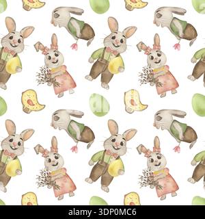 Nahtloses Aquarellmuster mit handgemalten süßen Osterkaninchen, Eiern und Küken in sanften Pastelltönen. Botanische Frühlingsillustration auf weiß Stockfoto