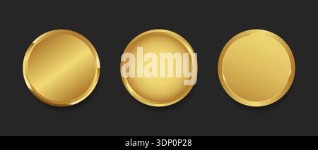 Goldene Kollektion mit runden Knöpfen. Metallmünzen, Auszeichnung Gold blank Medaillen - 3D Vektor realistisch, Runde Metall realistische Rahmen, Medaillen oder Aufkleber Stock Vektor