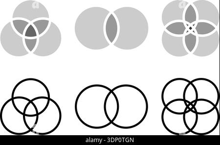 Satz von Venn-Diagrammen mit 2, 3 und 4 überschnittenen Kreisen, isoliert auf weißem Hintergrund. Vorlagen für Statistikdiagramm, Präsentation, Analyseschema Stock Vektor
