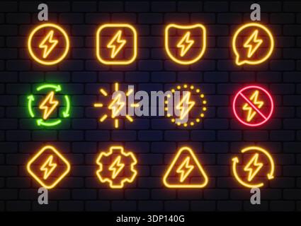 Neonvektorsatz mit Symbolen für elektrische Energie in verschiedenen Formen und Stilen. Leuchtende Ikonen sorgen für eine kühne urbane Atmosphäre auf einer dunklen Ziegelwand. Ideal für Stock Vektor
