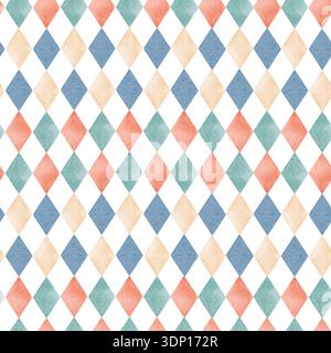 Nahtloses Aquarellmuster mit Rauten- und Diamantformen. Geometrisches Argyle-Ornament für Stoff, Textil, Tapeten und Geschenkpapier. Ci Stockfoto