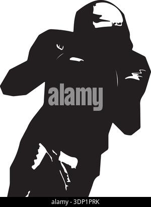 Stark schwarz-weiße Silhouette Illustration eines aggressiven amerikanischen Fußballspielers Stock Vektor