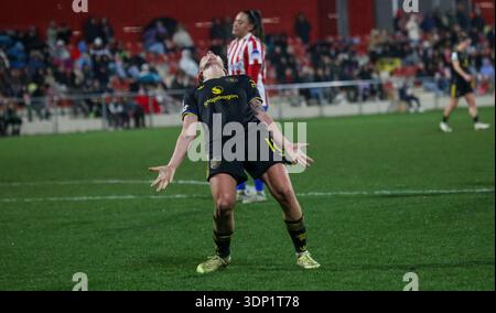 Alcalá de Henares, Spanien, 12. Februar 2026: Julia Zigiotti (18) feiert das dritte Tor im ersten Leg der UEFA Women's Champions League 2025-26 Play-off zwischen Atleti und man Utd im Atlético de Madrid Sports Center Alcalá de Henares in Alcalá de Henares, Spanien. Quelle: Alberto Brevers / Alamy Live News. Stockfoto