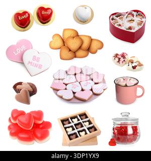 Verschiedene herzförmige Süßigkeiten für Valentinstag-Feier isoliert auf weiß, Set Stockfoto
