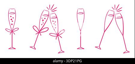 Champagner Glas Coquette skurrile Zeichnung Doodles von zwei Klick oder Cheers Gläser isoliert Vektor Stemmware Girly Pink Icons Set für Hochzeit oder Stock Vektor