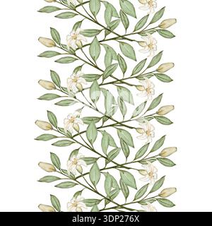 Nahtloses vertikales Muster mit weißen Lilien und grünem Laub in zartem Aquarellstil auf hellem Hintergrund, elegante botanische Wiederholung ideal für Stockfoto