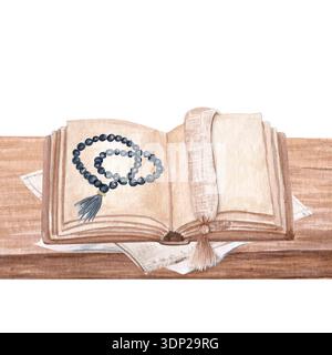 Gebetskegeln auf Seiten eines offenen Buches auf Holztisch, nahtlose Aquarellgrenze isoliert auf weiß, ideal für religiöse Erziehung, spirituelles Lernen Stockfoto