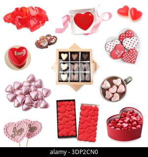 Verschiedene herzförmige Süßigkeiten für Valentinstag-Feier isoliert auf weiß, Set Stockfoto