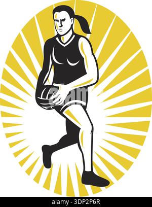 Abbildung eines Netball-Spielers, der mit dem Ball im Oval im Retro-Stil läuft Stockfoto