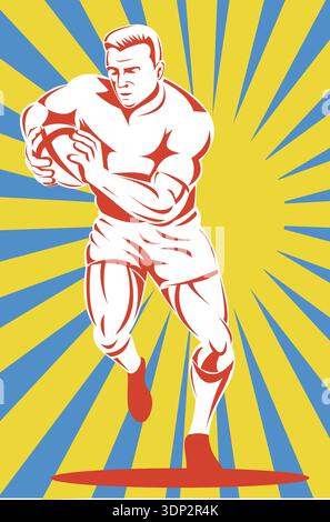Illustration eines Rugbyspielers, der mit Ball-Vorderansicht gelber Sonnenschein auf blauem Hintergrund Holzschnitt und Retro-Stil läuft Stockfoto