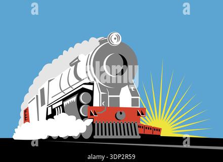 Illustration der lange Dampf Zug vorne anzeigen gelbe Sunburst auf blauem Hintergrund Holzschnitt und Retro-Stil Stockfoto