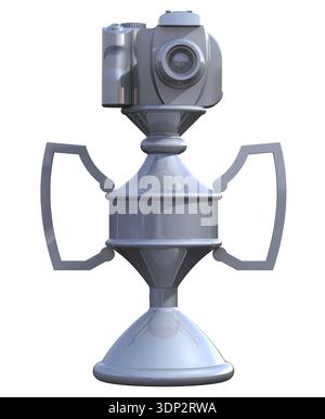 3D-Rendering von DSLR-Fototrophäe in Silber oder Chrom oder Tasse isoliert auf weiß von vorne gesehen Stockfoto