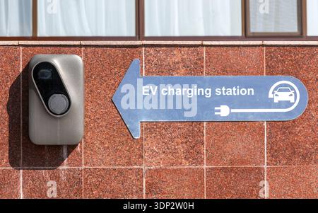 Ladestation Für Elektrofahrzeuge. Parkplatz mit Ladestation für Elektroauto Stockfoto