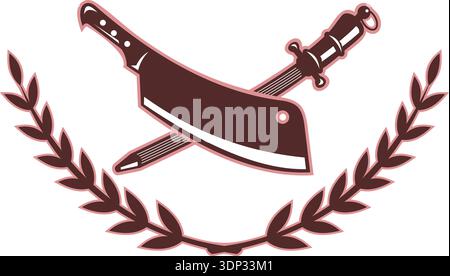 Abbildung: Metzgermesser und Klingenschärfer isoliert auf weiß Stockfoto