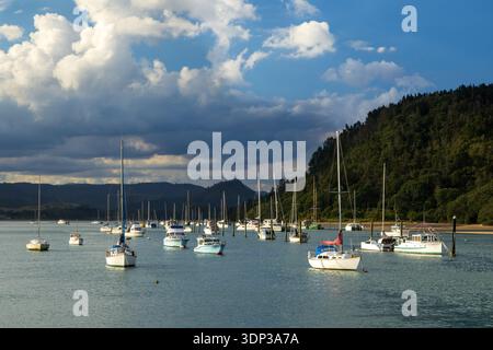 Yachten liegen im Whangamata Harbour auf der Coromandel Peninsula, Neuseeland Stockfoto