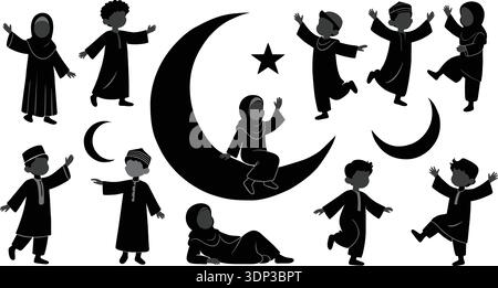 Set von Eid Mubarak Silhouette Vektoren mit Stern und Mond, detaillierte muslimische Kinder Silhouetten im traditionellen islamischen Kleid für festliches Design Stock Vektor