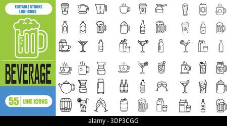 Schwarze Umrisssymbole für Getränke einschließlich Wasser, Alkohol, kohlensäurehaltige Getränke, Saft, Milch, und andere für die Verwendung auf Websites, mobilen Apps und Promo Mate Stock Vektor