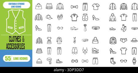 Set mit modischen Symbolen. Mit Schneider, Accessoires, Kleid, Nähen, Stoff, Kleidung, Schuhe und Schönheitssymbole. Vektorsammlung von ausgefüllten Symbolen. Stock Vektor