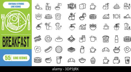 Menü bearbeitbare Symbole Set. Vektor-Illustration im modernen dünnen Stil von Ikonen im Zusammenhang mit Lebensmitteln: Gericht, Mittagessen, Fast Food und mehr. Stock Vektor